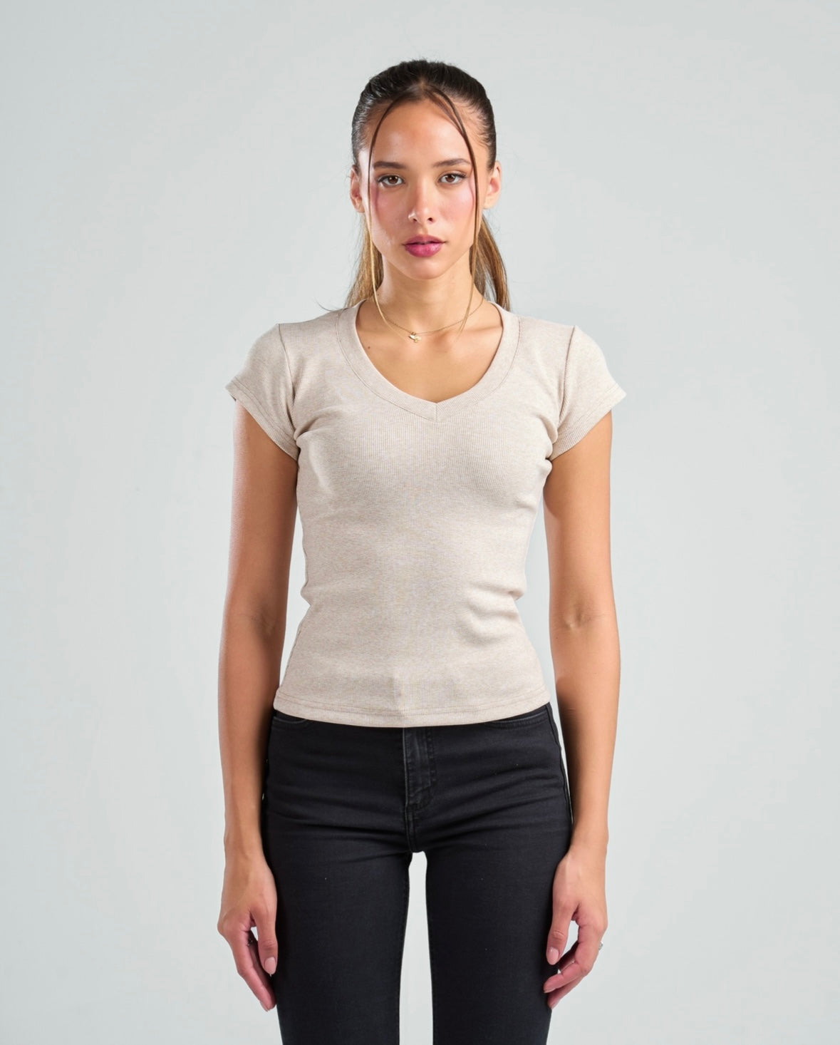 V-Neck Short Sleeve Rib Top