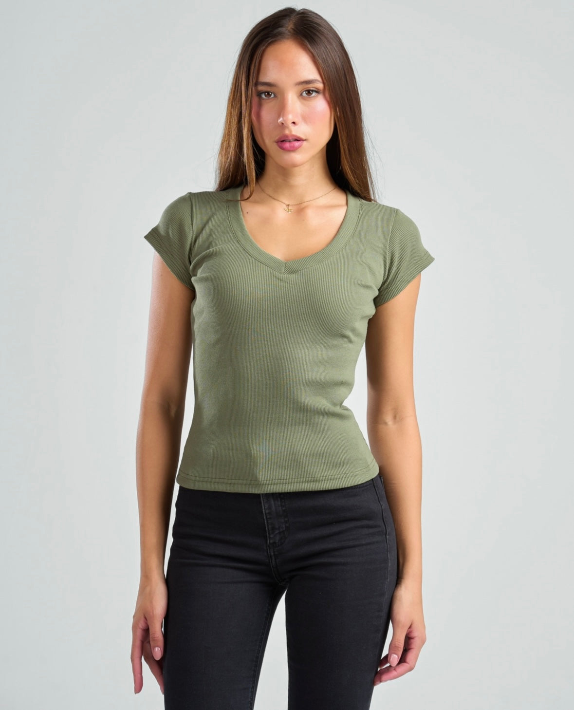 V-Neck Short Sleeve Rib Top