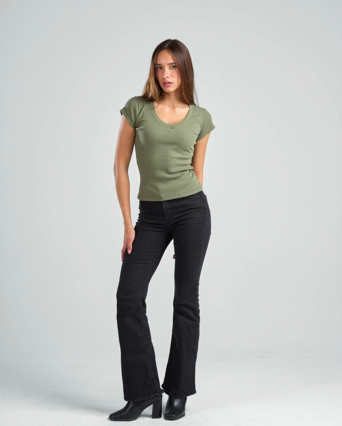 V-Neck Short Sleeve Rib Top