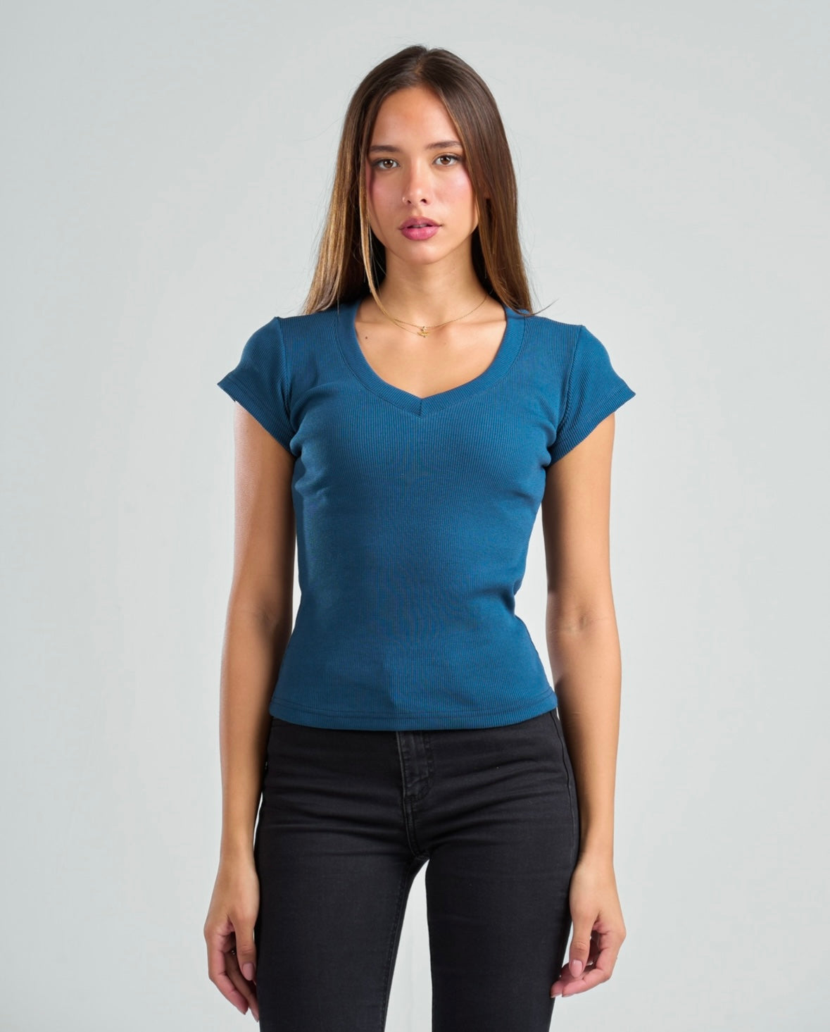 V-Neck Short Sleeve Rib Top