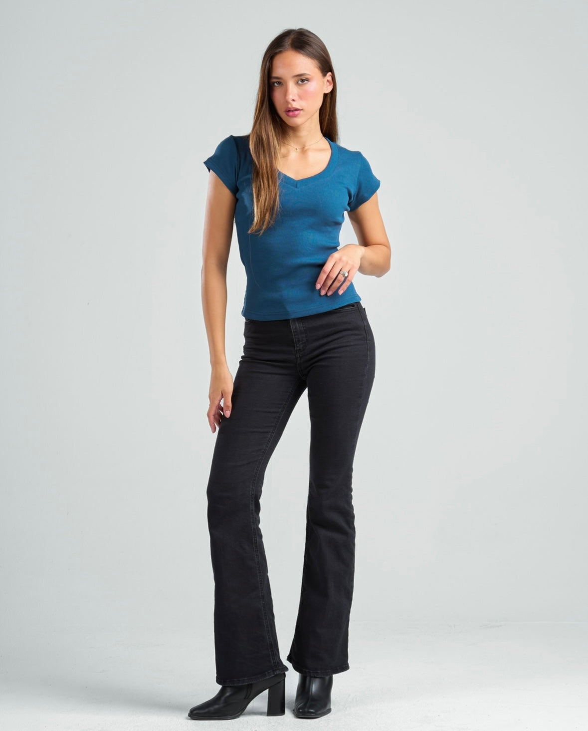 V-Neck Short Sleeve Rib Top