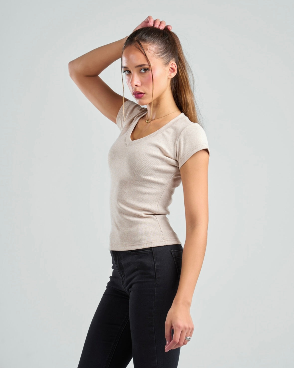 V-Neck Short Sleeve Rib Top