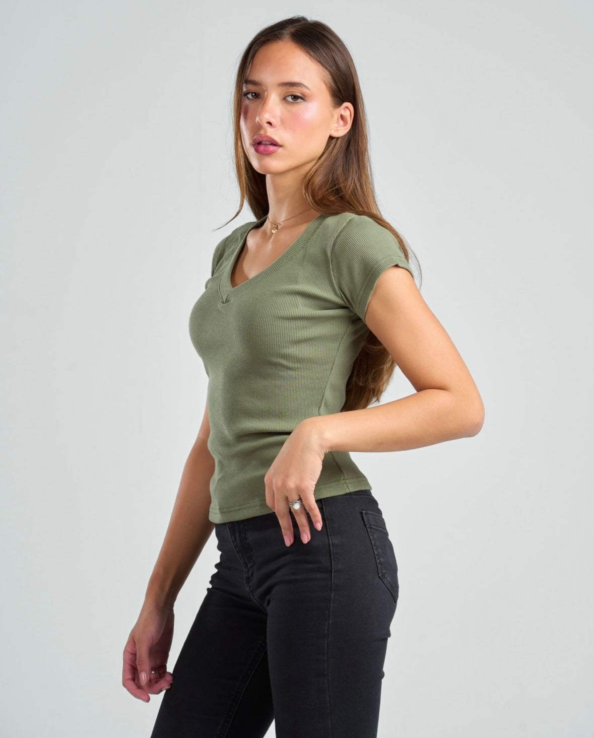 V-Neck Short Sleeve Rib Top