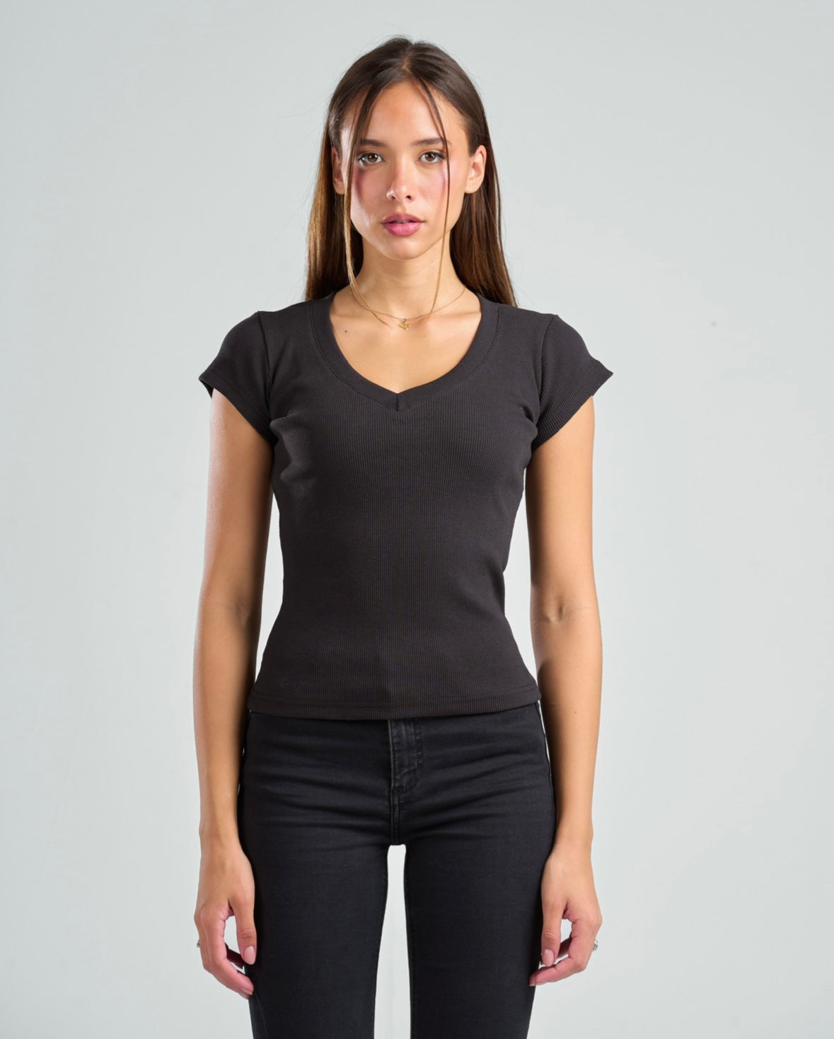 V-Neck Short Sleeve Rib Top