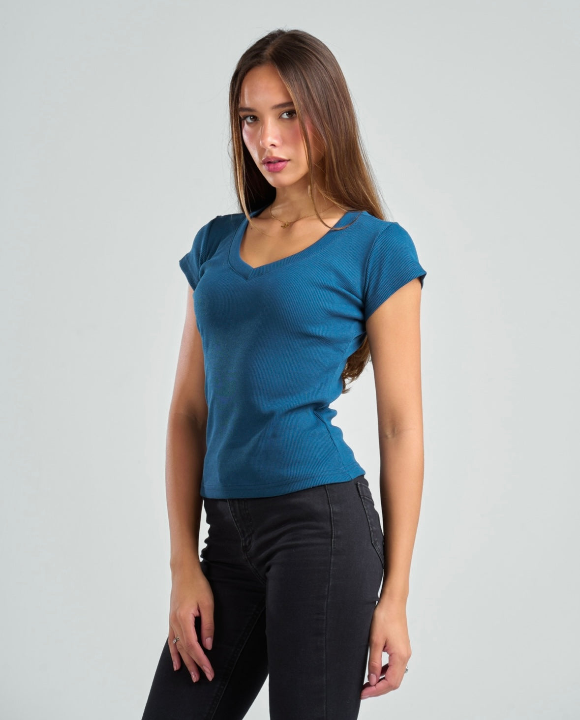 V-Neck Short Sleeve Rib Top