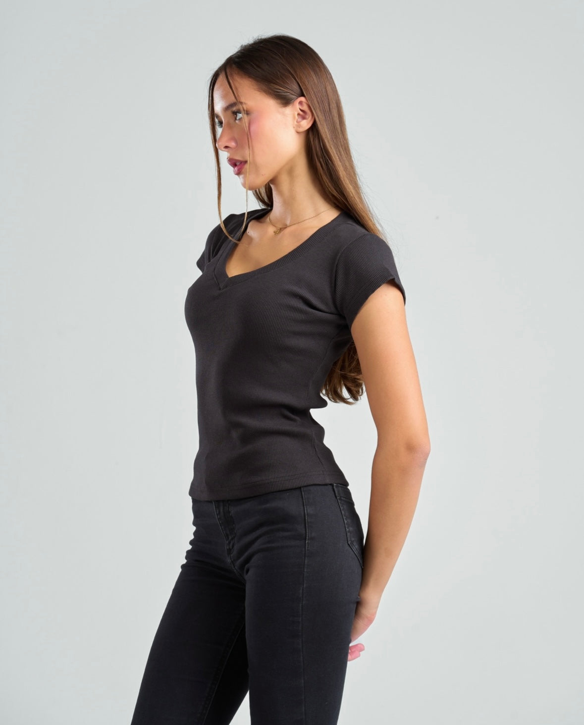 V-Neck Short Sleeve Rib Top