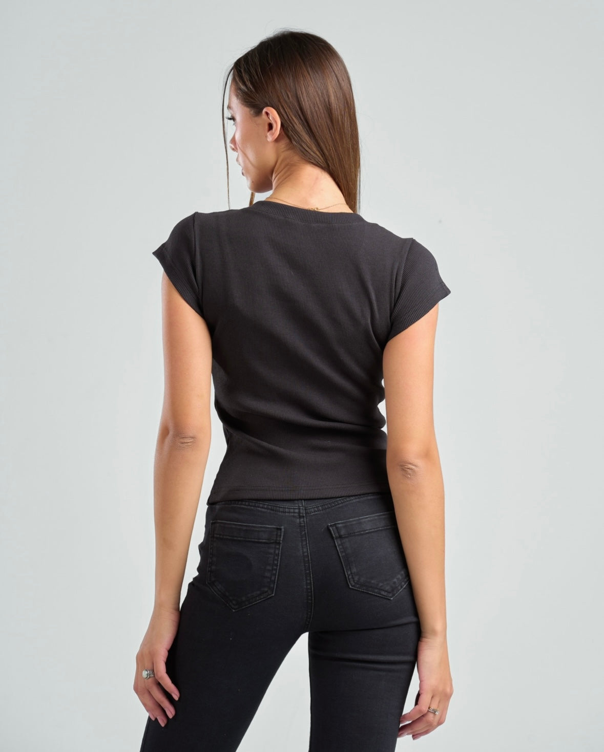 V-Neck Short Sleeve Rib Top