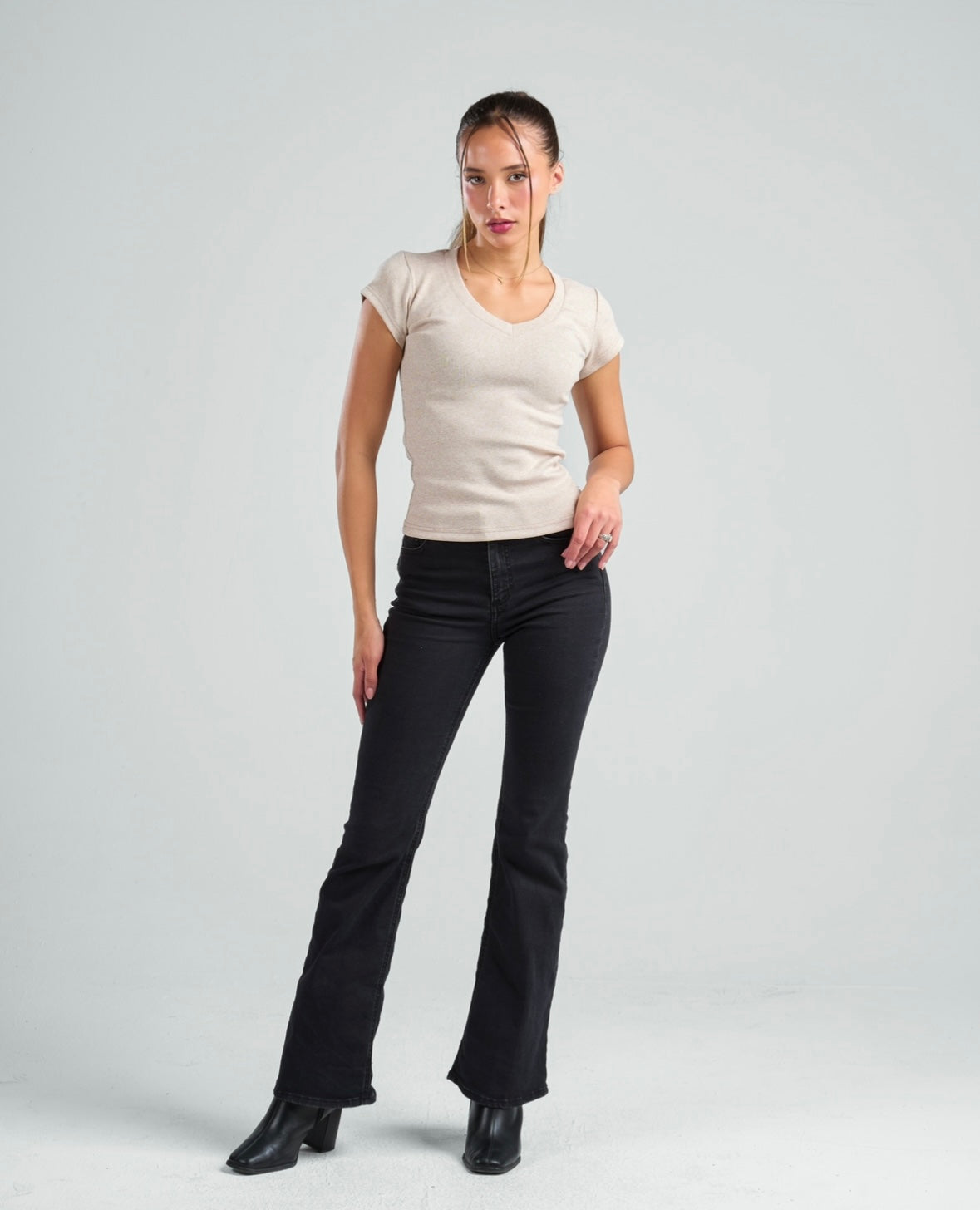 V-Neck Short Sleeve Rib Top