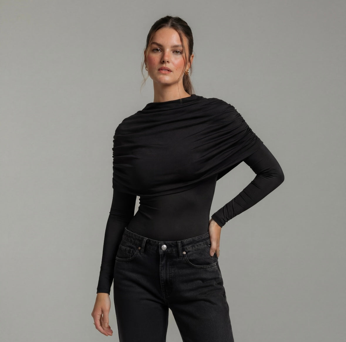Draped Off-Shoulder Long Sleeve Top