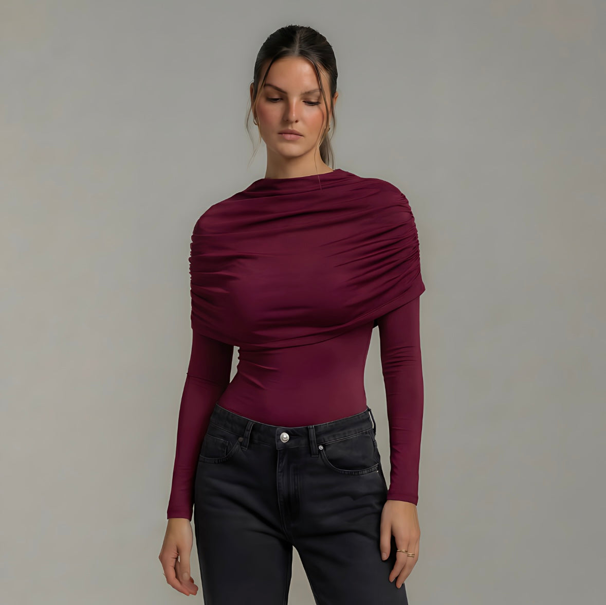 Draped Off-Shoulder Long Sleeve Top