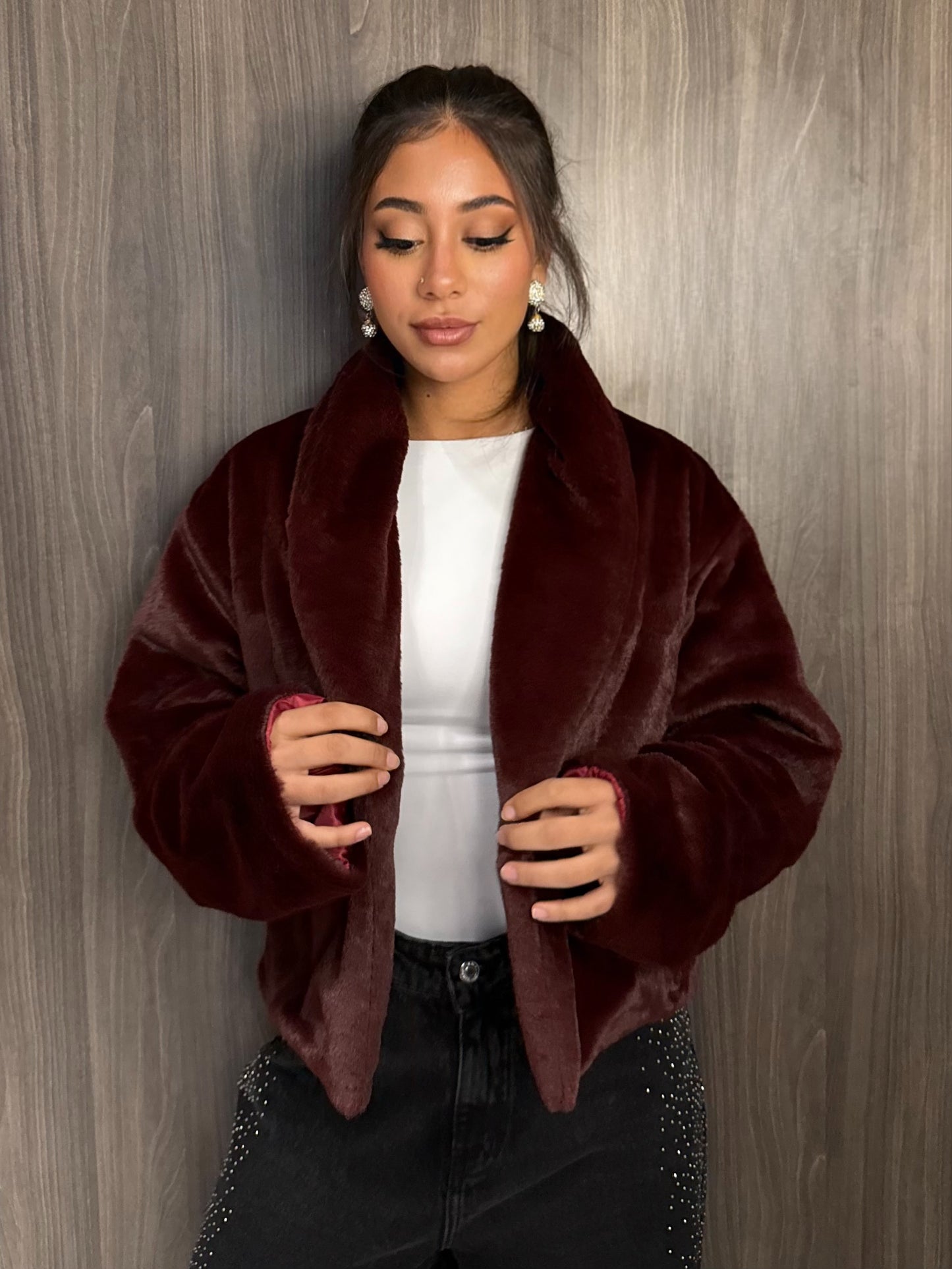 Cropped Fur Jacket - Burgundy