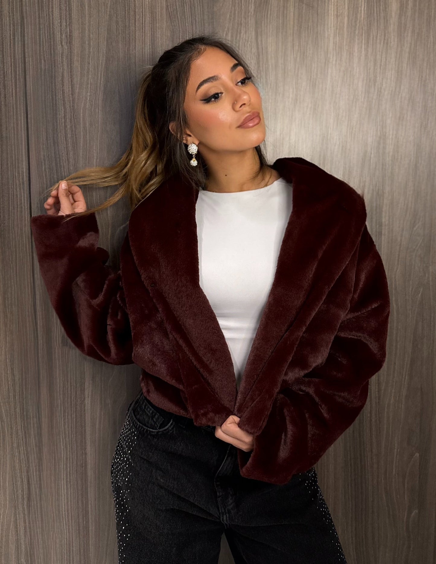 Cropped Fur Jacket - Burgundy