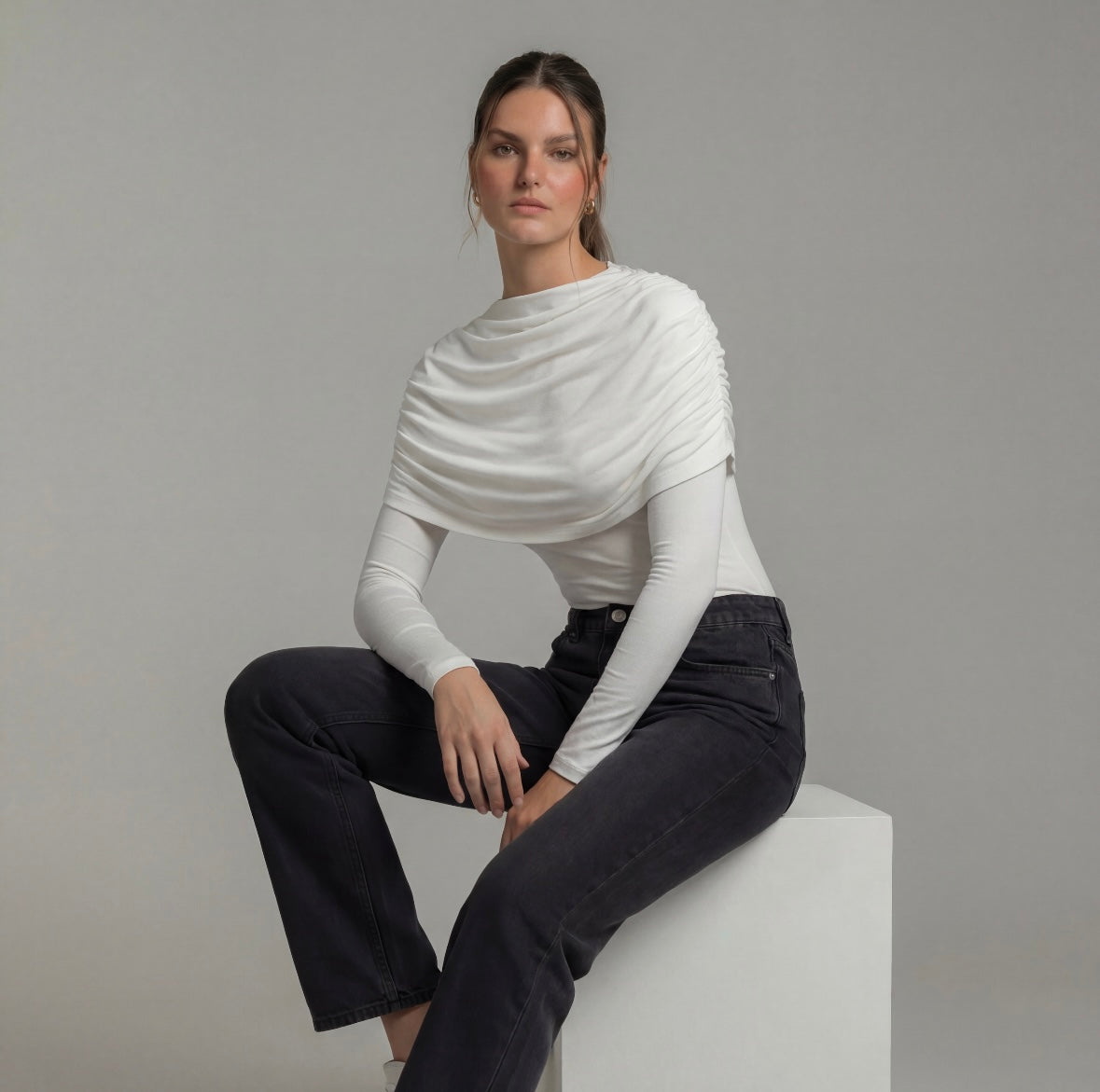 Draped Off-Shoulder Long Sleeve Top