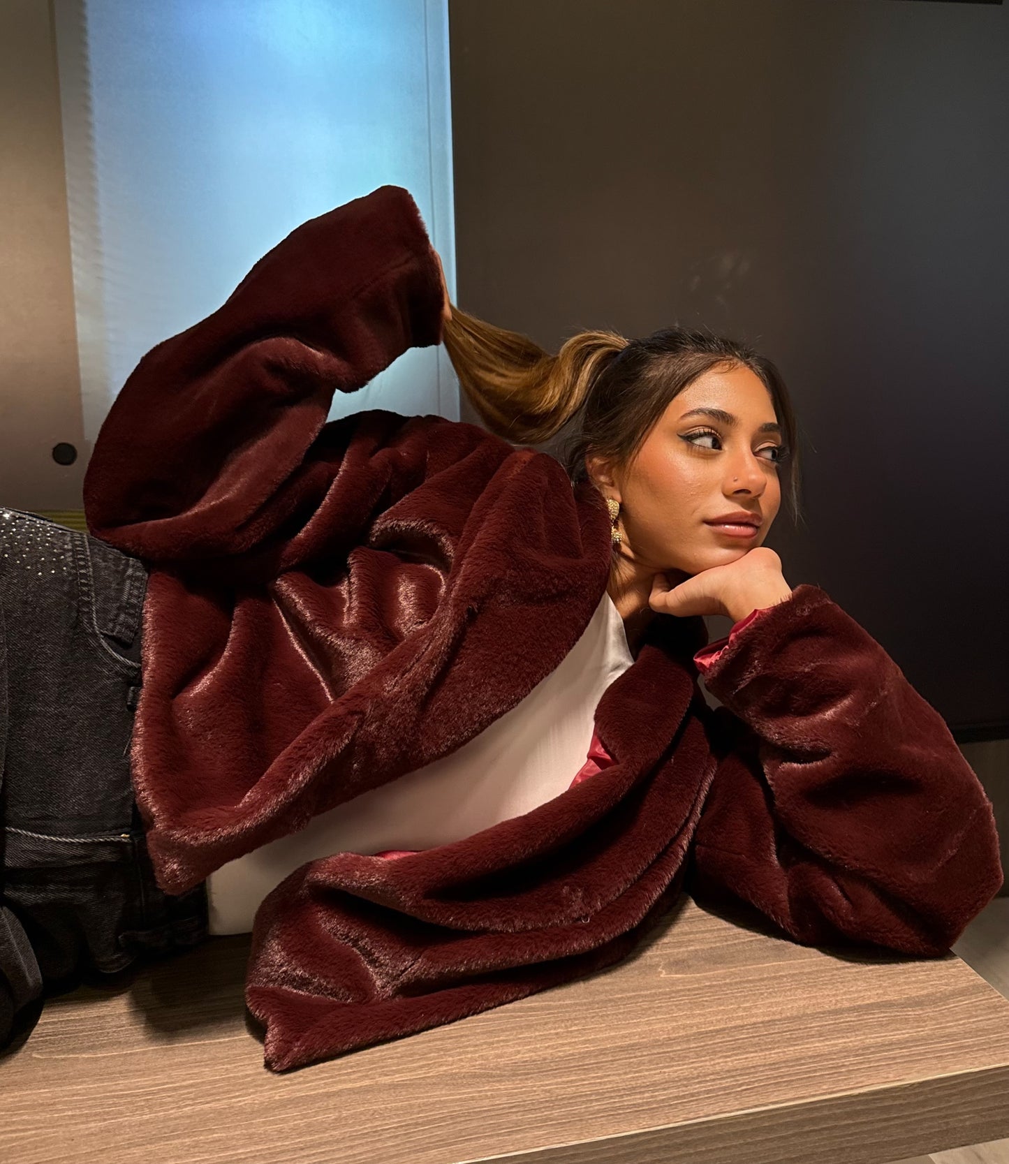 Cropped Fur Jacket - Burgundy