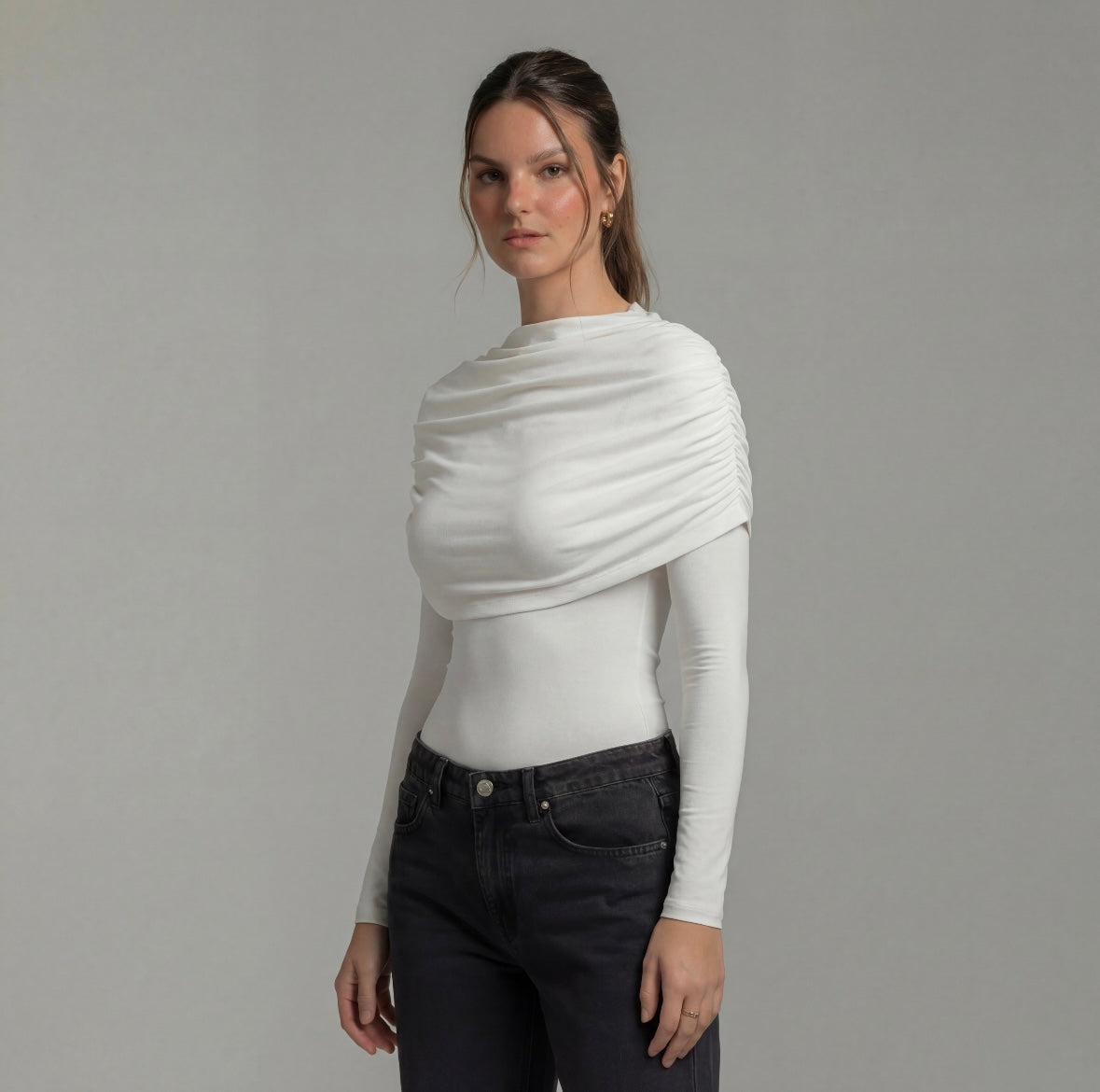 Draped Off-Shoulder Long Sleeve Top