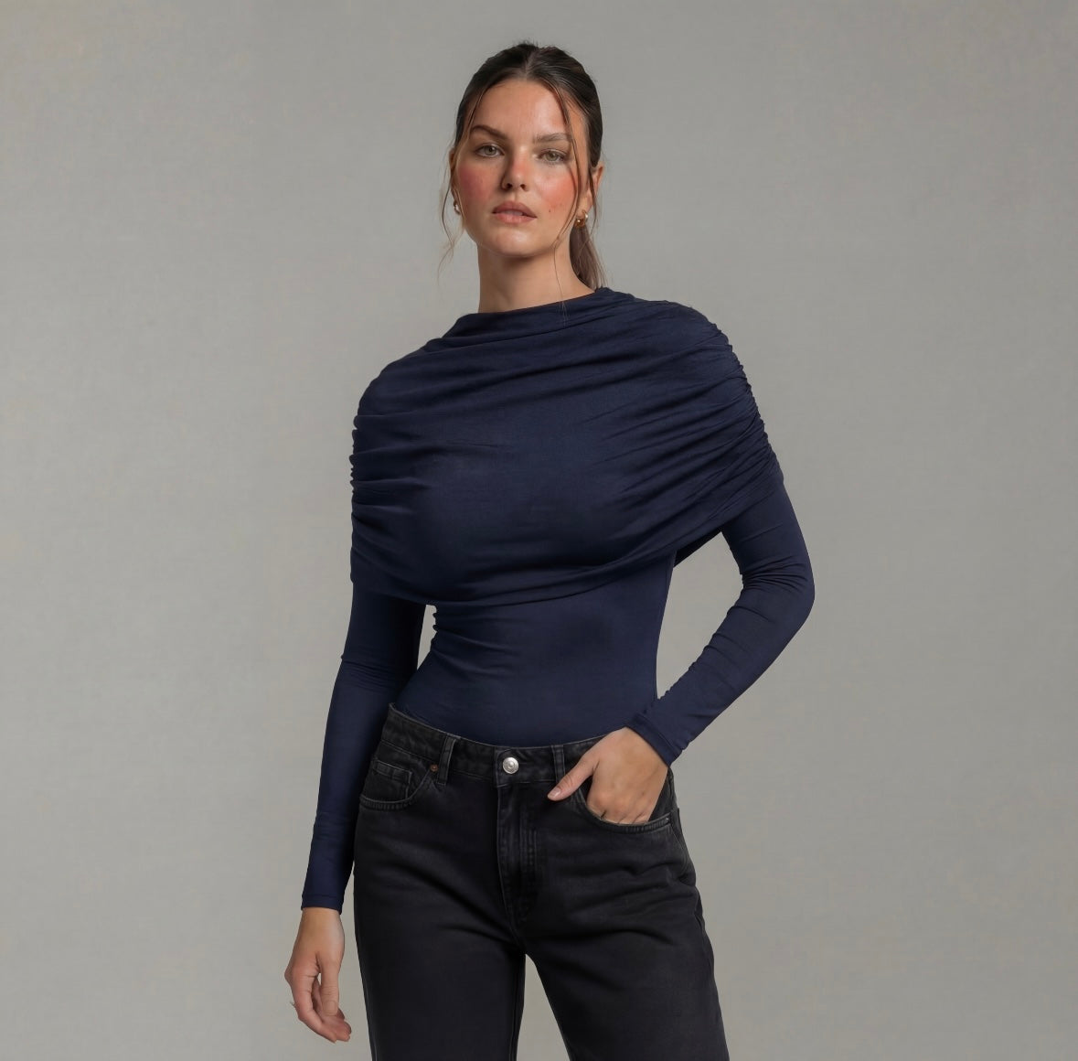 Draped Off-Shoulder Long Sleeve Top