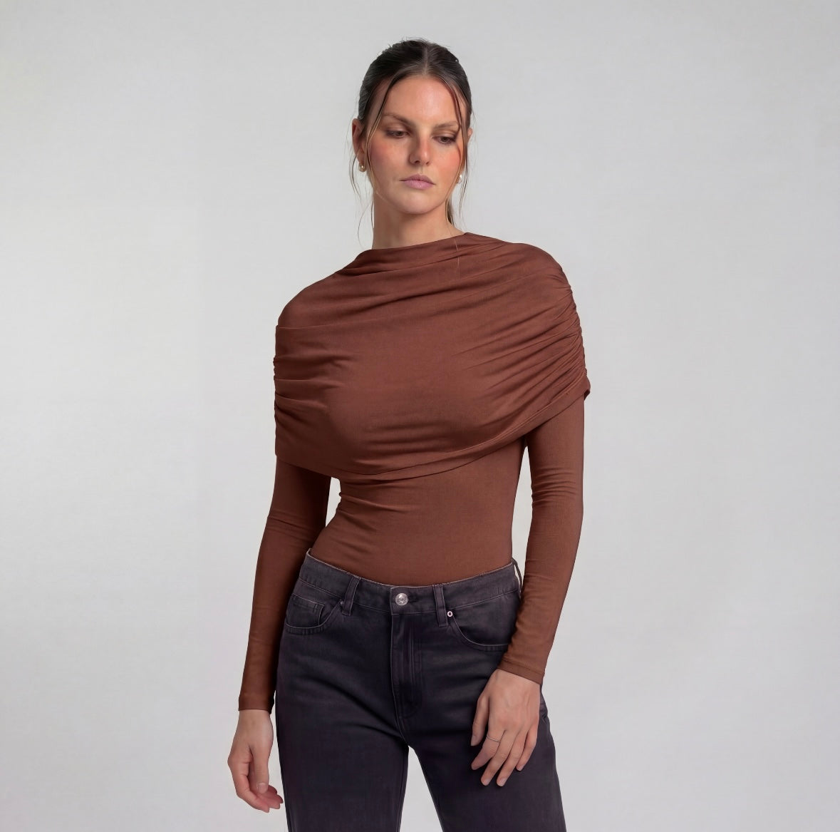 Draped Off-Shoulder Long Sleeve Top