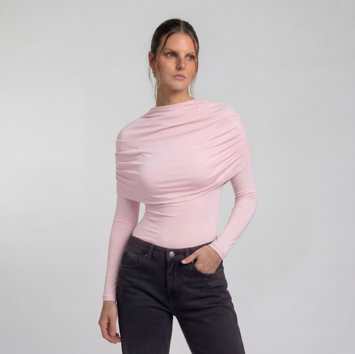 Draped Off-Shoulder Long Sleeve Top