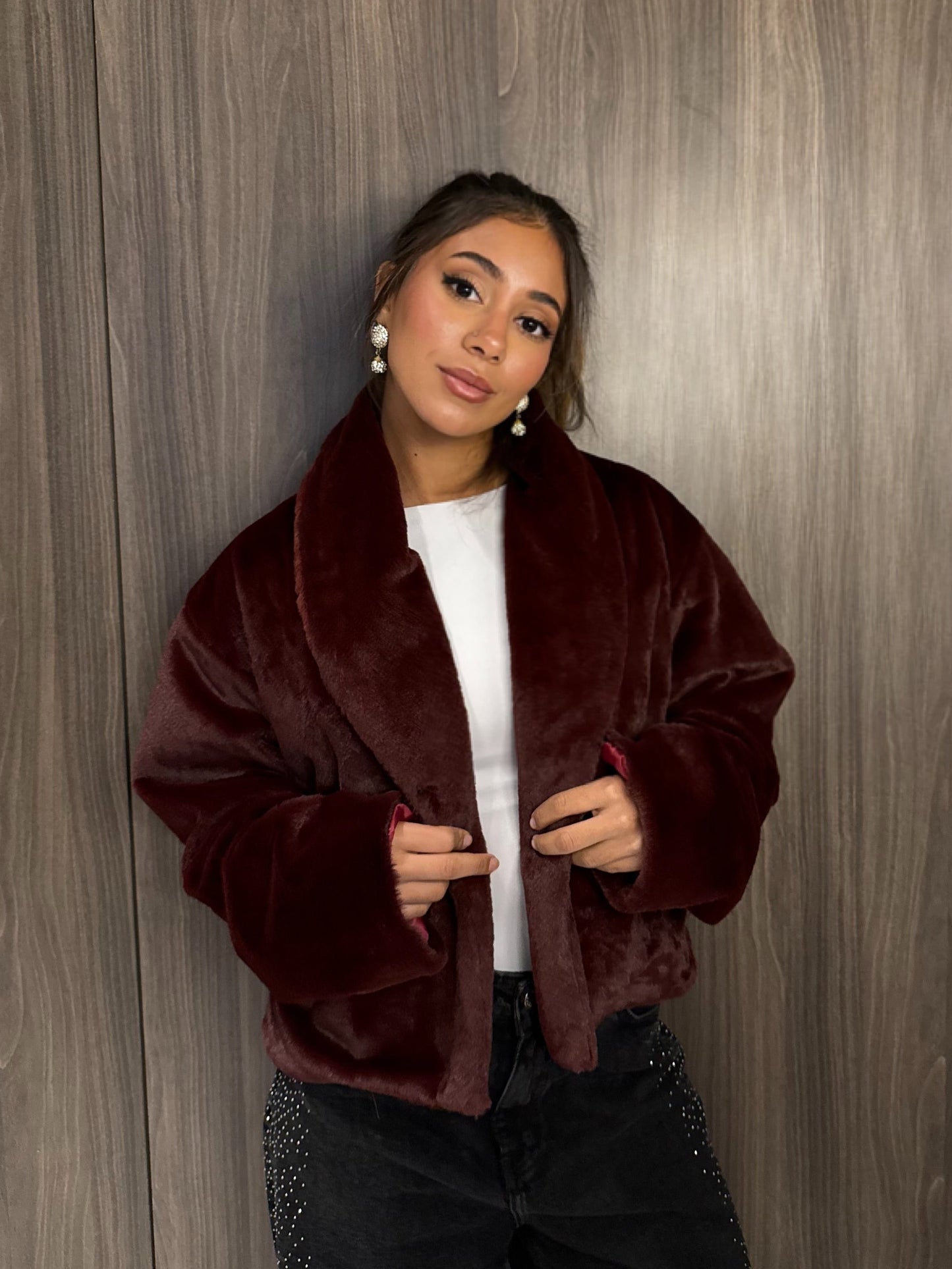 Cropped Fur Jacket - Burgundy