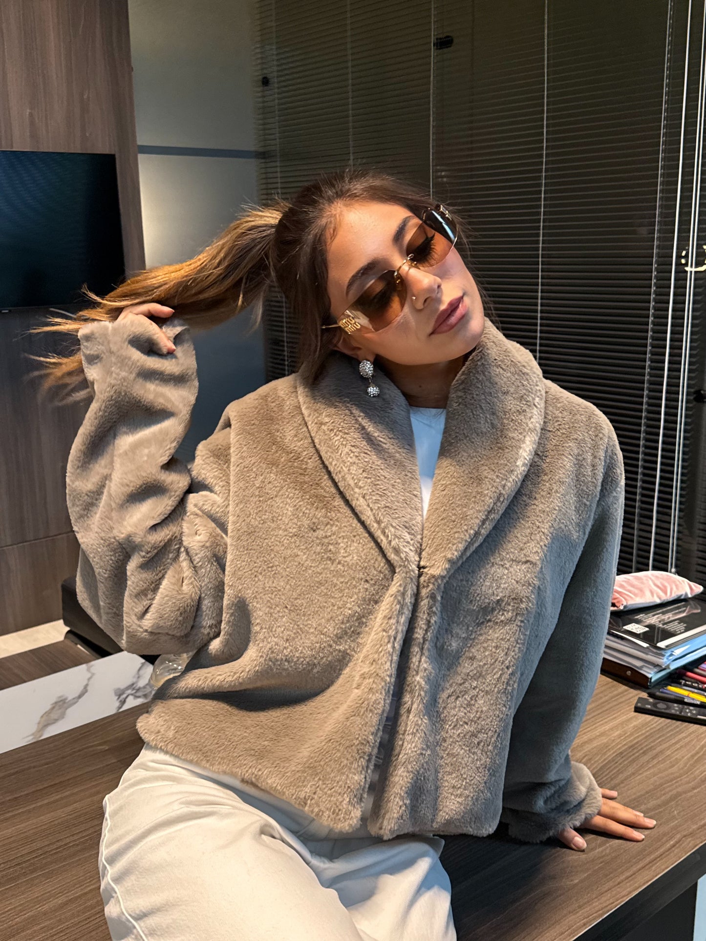 Cropped Fur Jacket - Stone