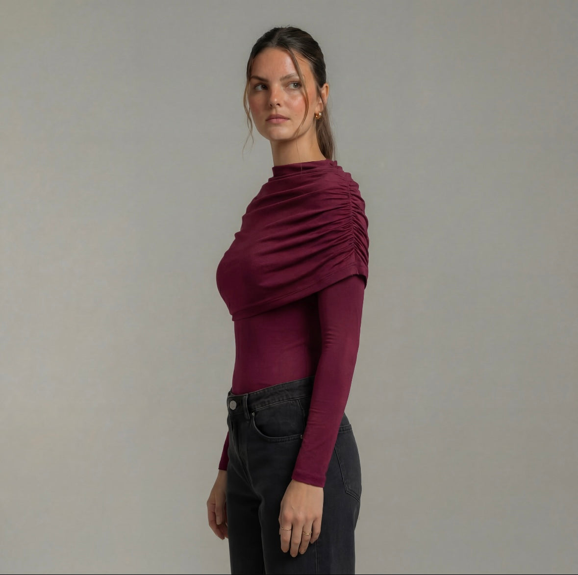 Draped Off-Shoulder Long Sleeve Top